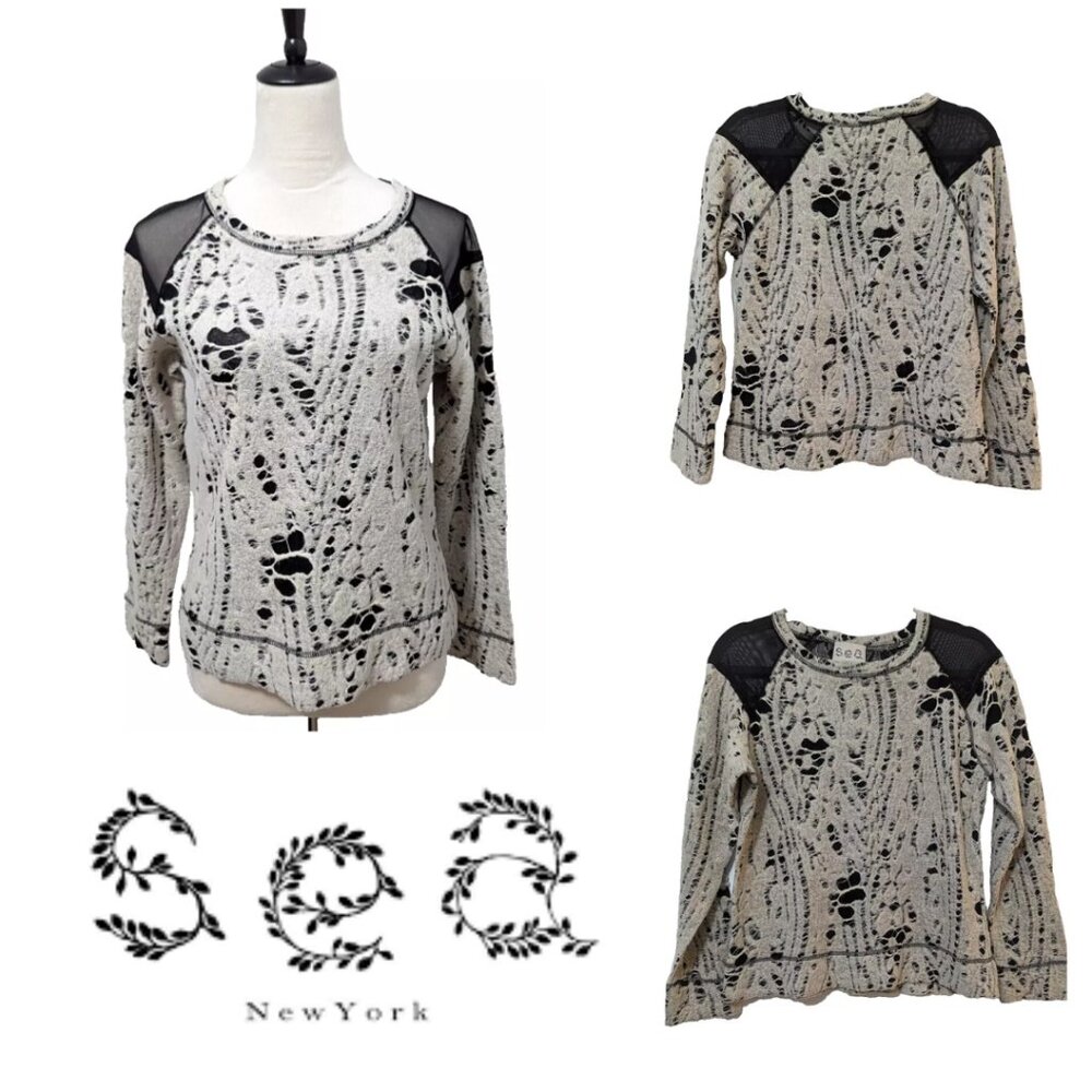 SEA New York Cotton & Wool Long Sleeve Blouse Black Tan Sheer Top
